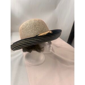 J Hats Black Tan Woven Wide Brim Sun Hat with Bead Rope Accent 58cm